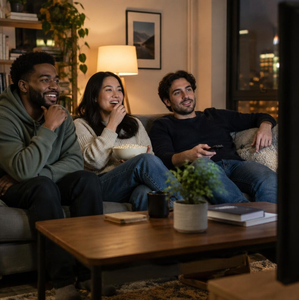 Group of people watching television together in a living room