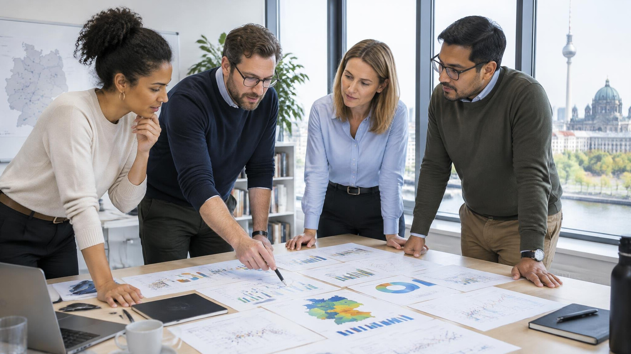 Diverse team of researchers analyzing survey data charts in a modern office