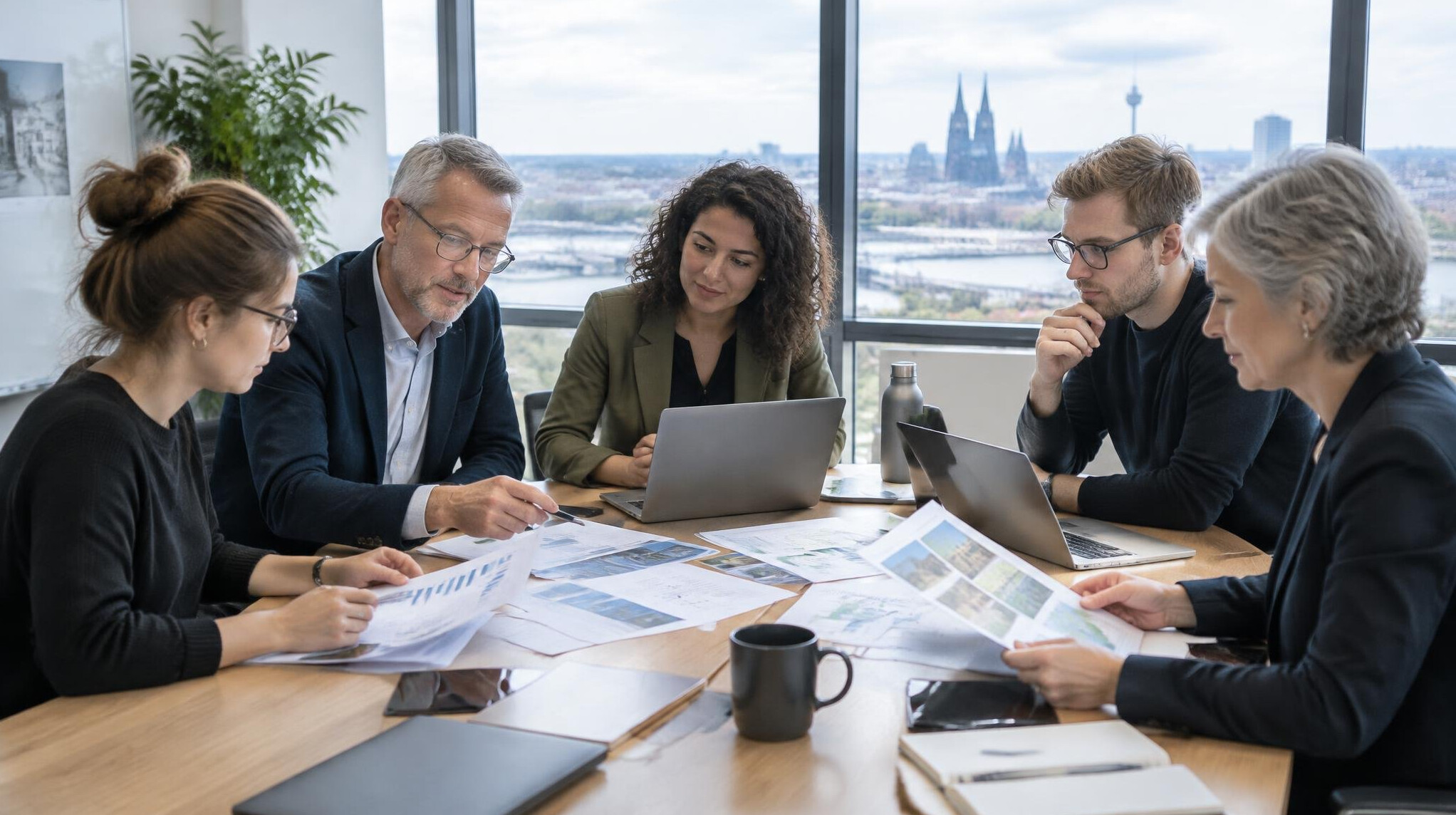 Research team gathered around a conference table discussing printed reports
